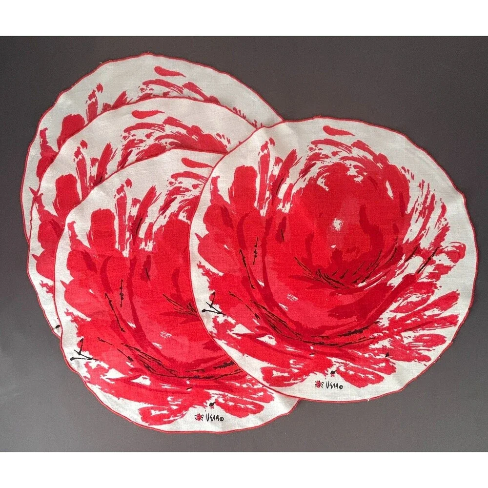 Vintage Vera Neumann Large Red Flower Linen Round Placemat Set of 4